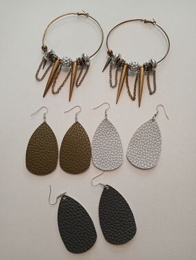 #1195.  4 Piece Assorted,Silver & Gold Toned, Faux Leather Earring Bundle